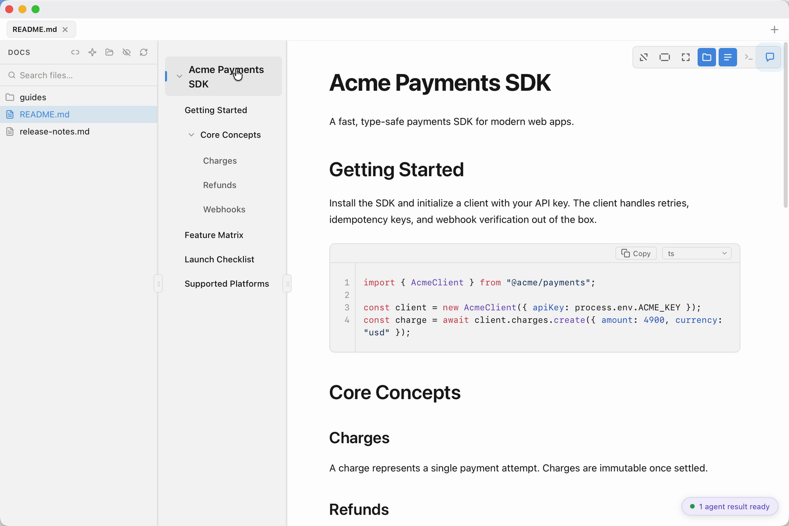 MarkViewer markdown editor showing auto table of contents and WYSIWYG editing on macOS